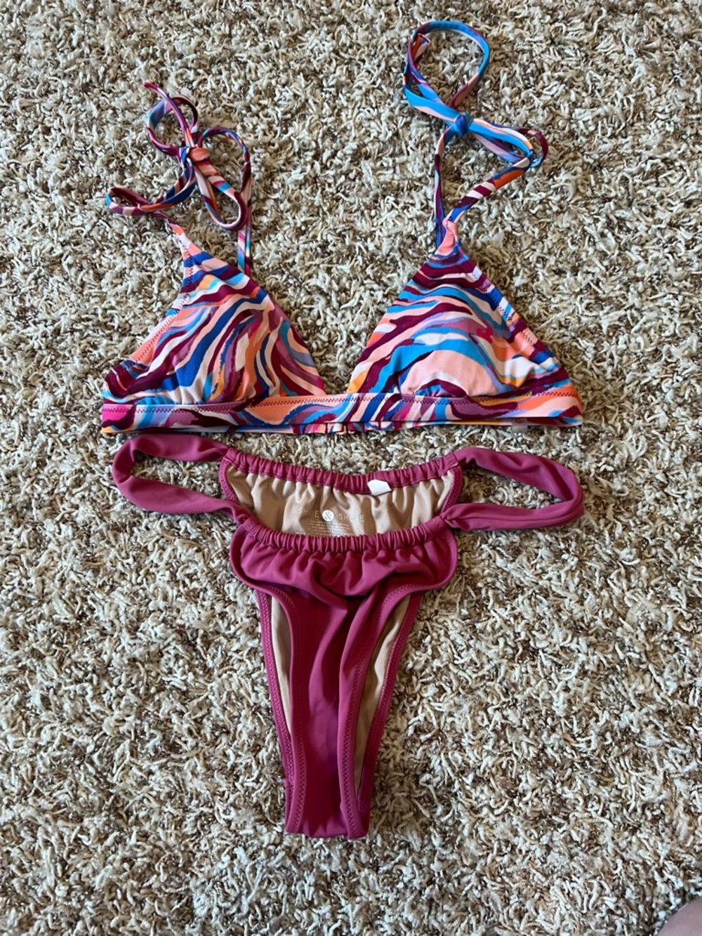 Multicolor Wave Print Triangle Bikini Top with Maroon Ruffle Bottom